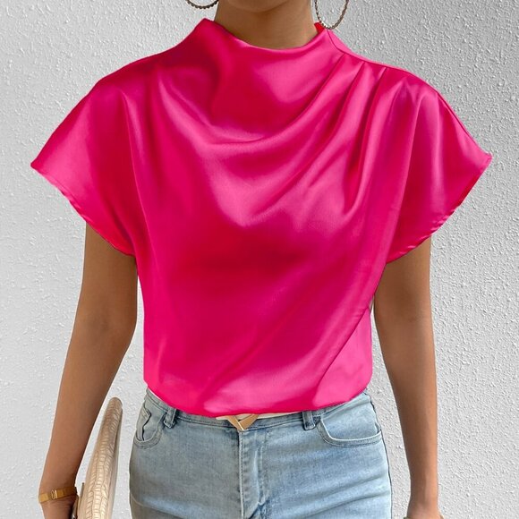 Hot Pink Party Women's  Mock Neck Batwing Sleeve Satin Blouse - Picture 5 of 6
